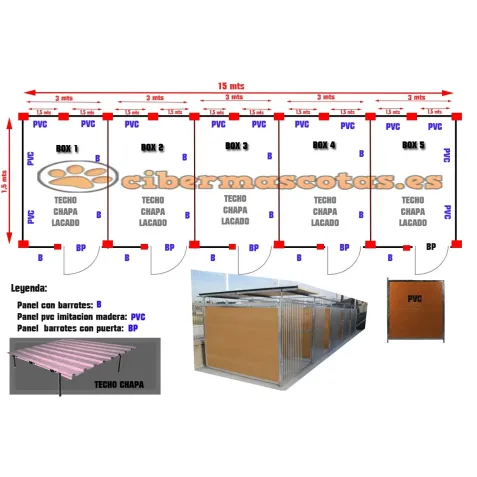 Bateria de 5 boxes para perros techo chapa lacado