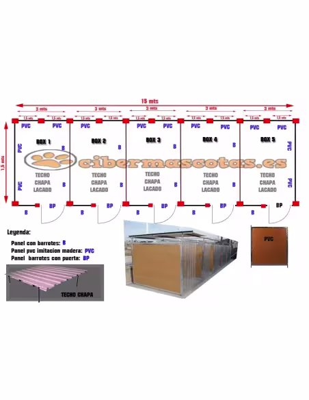 Bateria de 5 boxes para perros techo chapa lacado Bateria de 5 boxes para perros techo chapa lacado