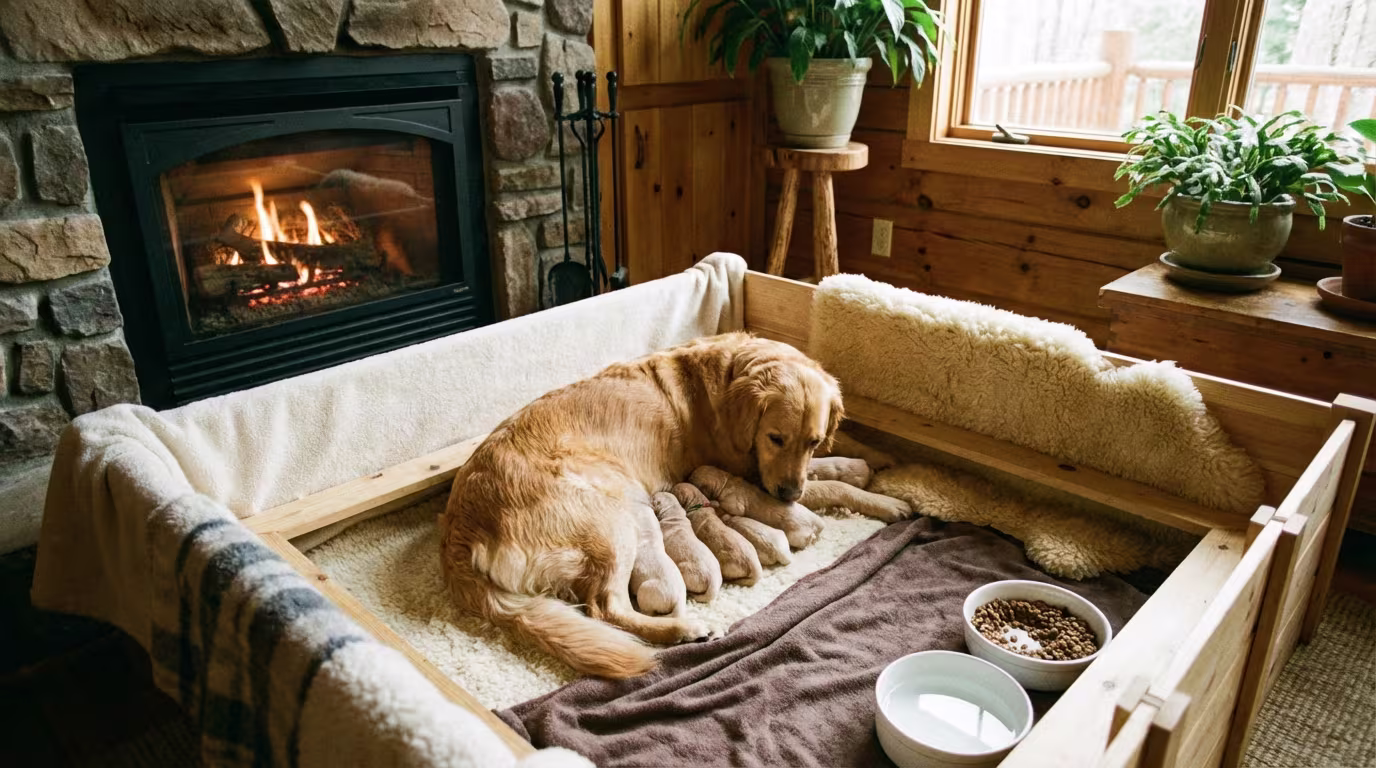 Cachorros recién nacidos durmiendo acurrucados con su madre en un entorno cálido, limpio y profesional
