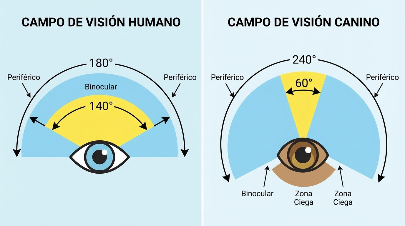 Diagrama comparando el campo de visión humano y canino