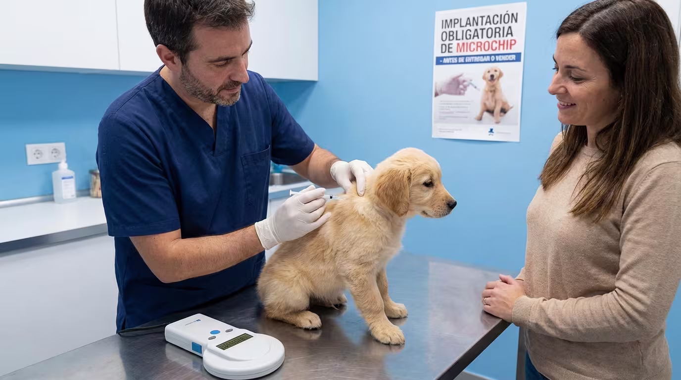 Veterinario implantando el microchip obligatorio a un cachorro de 8 semanas