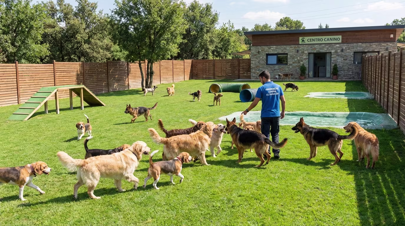 Parque de socialización y ejercicio al aire libre en una residencia canina profesional