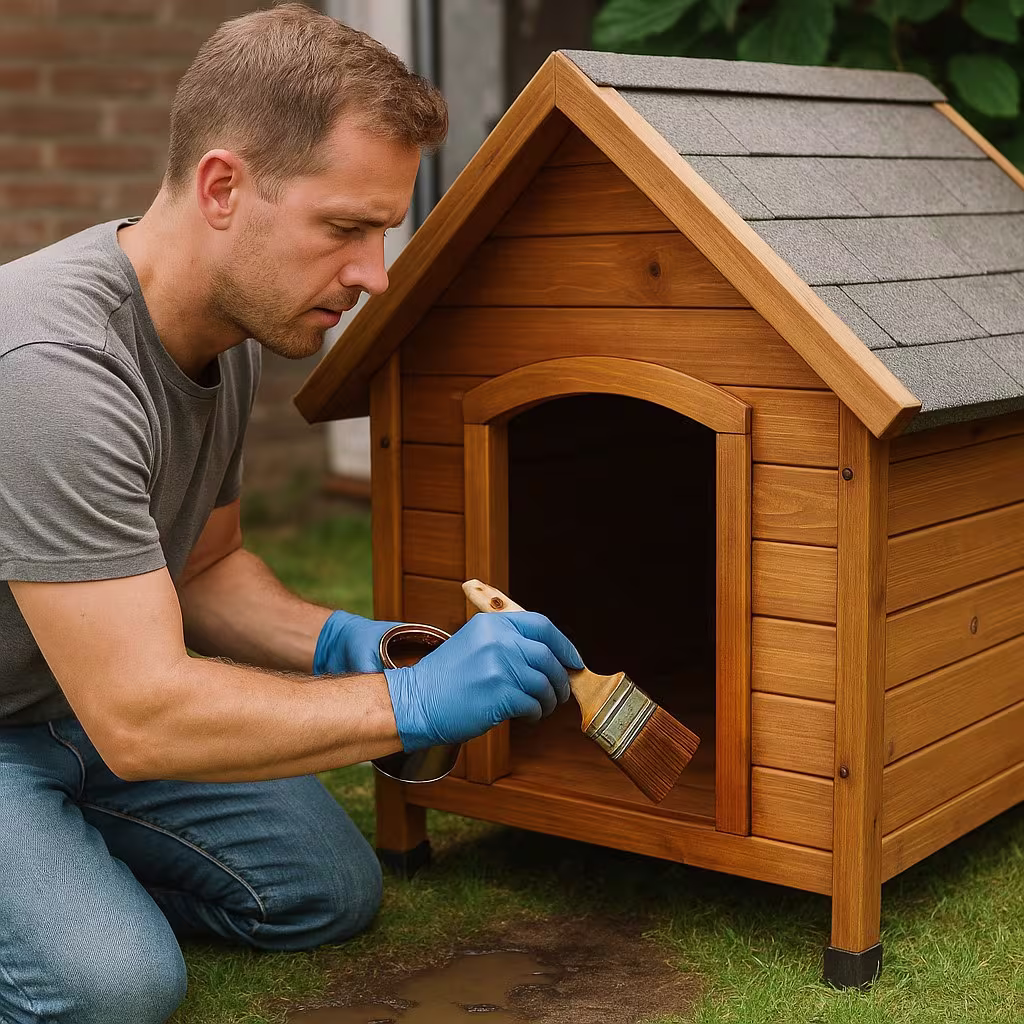 Persona limpiando el interior de una caseta de plástico para perros
