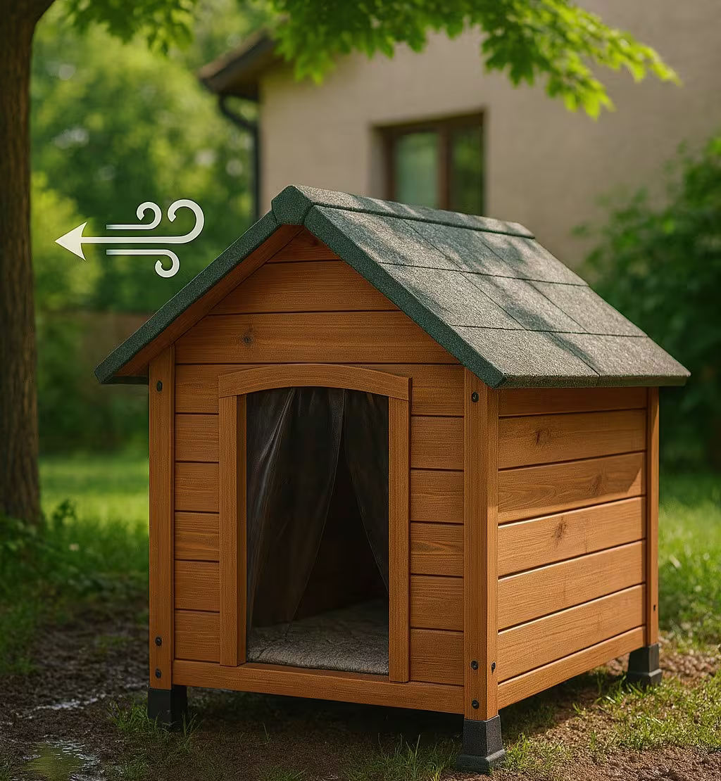 Caseta de perro ubicada bajo la sombra de un árbol en un jardín elevado