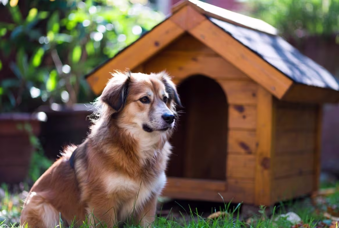 Perro mediano descansando frente a una caseta de madera moderna en un jardín