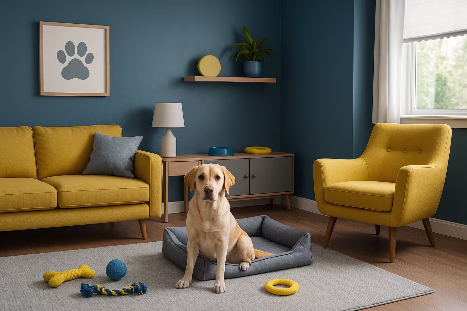 Espacio para perros decorado en azul y amarillo