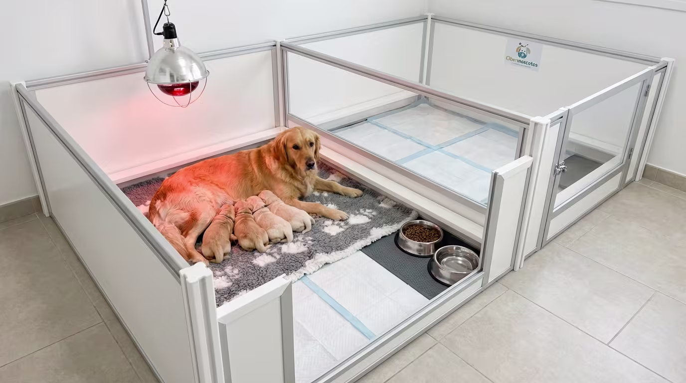 Box de paridera profesional con lámpara infrarroja, suelo sanitario y madre con sus cachorros